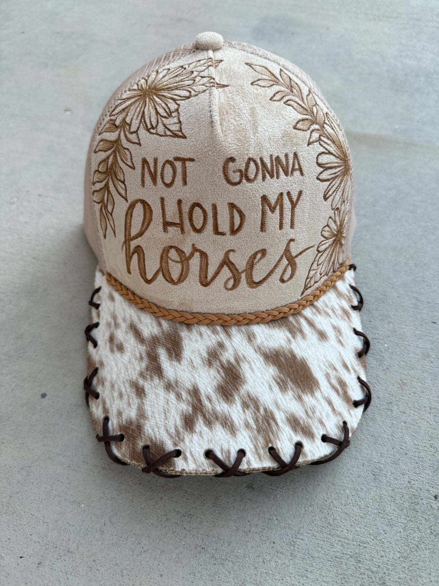 Beige hold your horses burned trucker hat custom ball cap SnapBack
