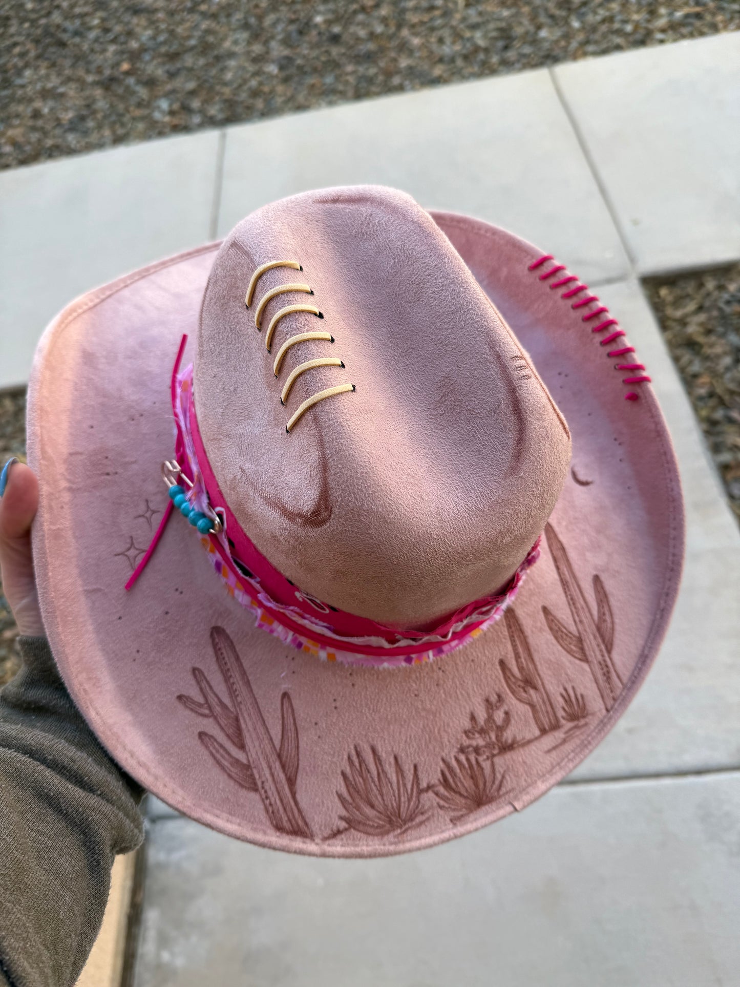 Blush pink cactus burned wide brim rancher hat