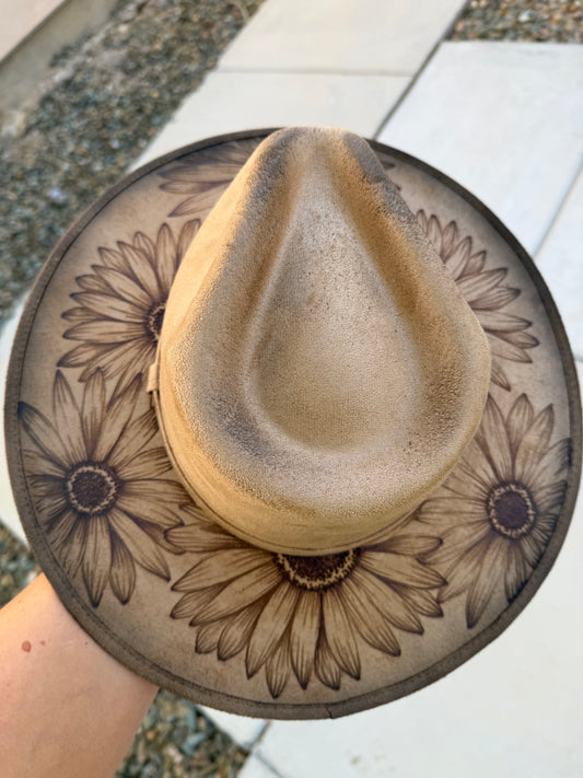 Sunflower floral  tan burned suede wide brim rancher hat