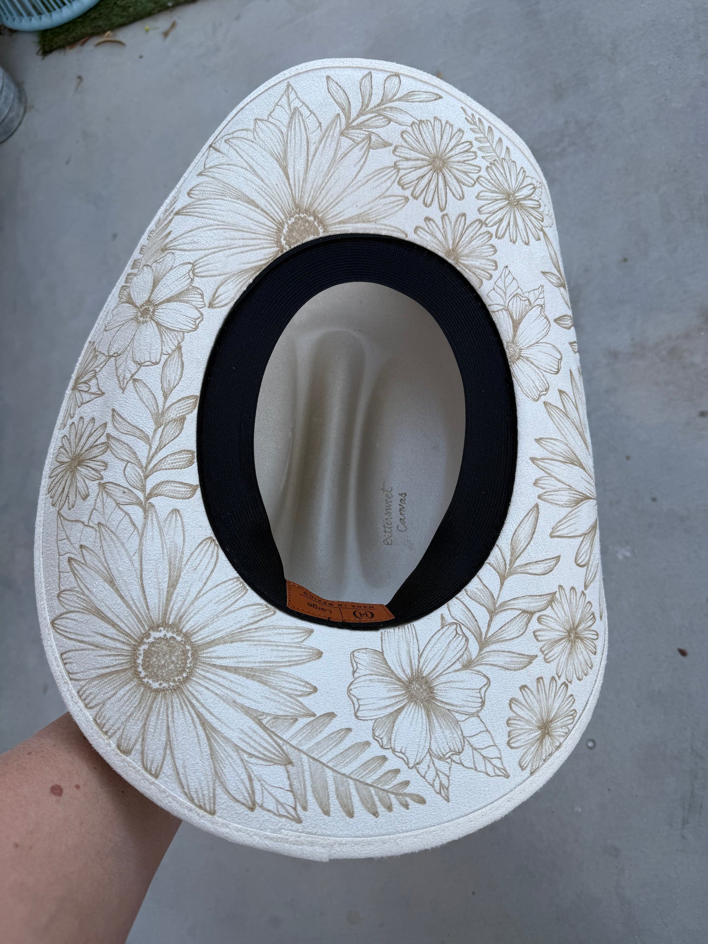 Ivory full floral suede wide brim rancher hat
