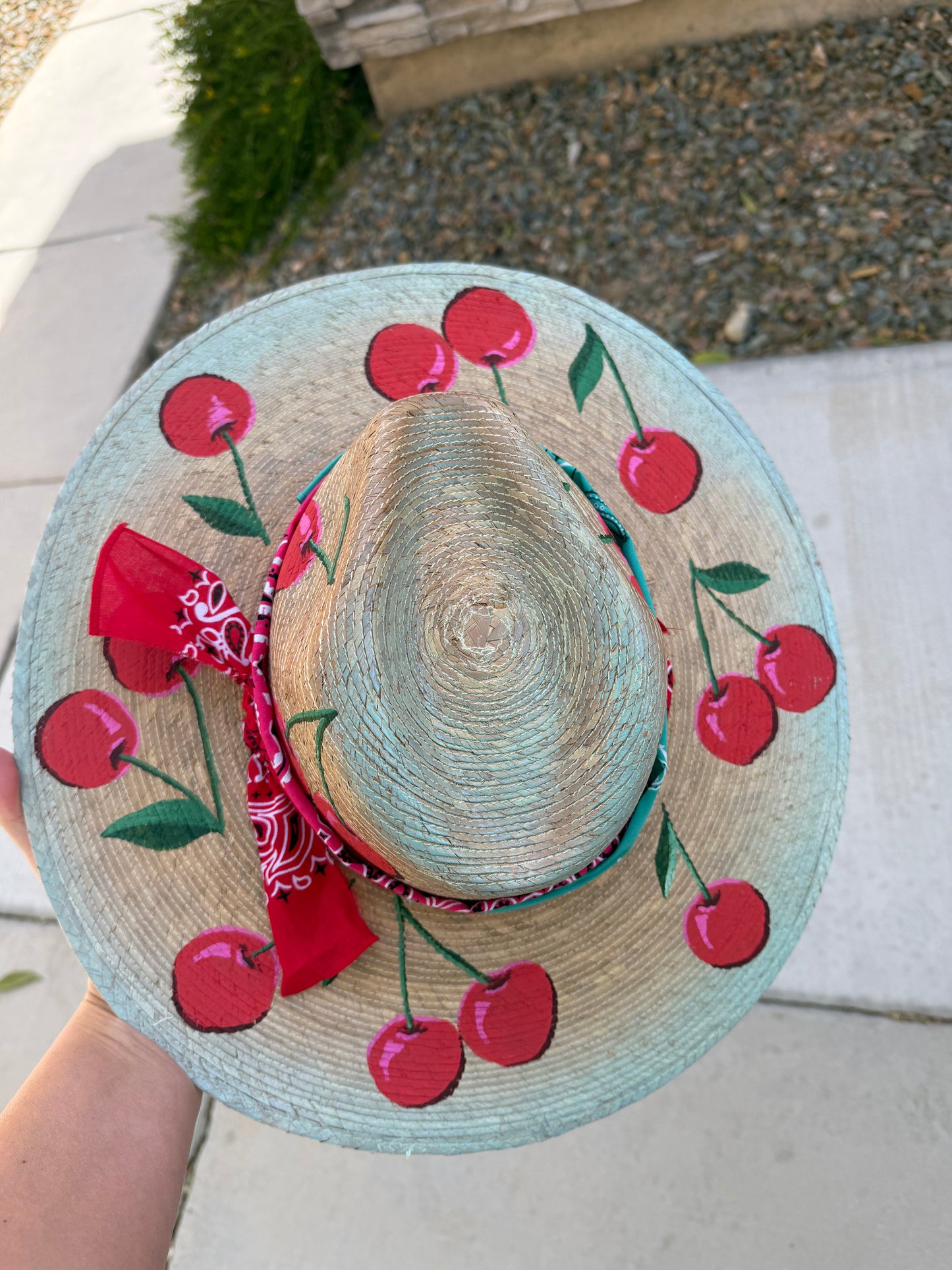 Cherry palm leaf beach straw wide brim rancher hat
