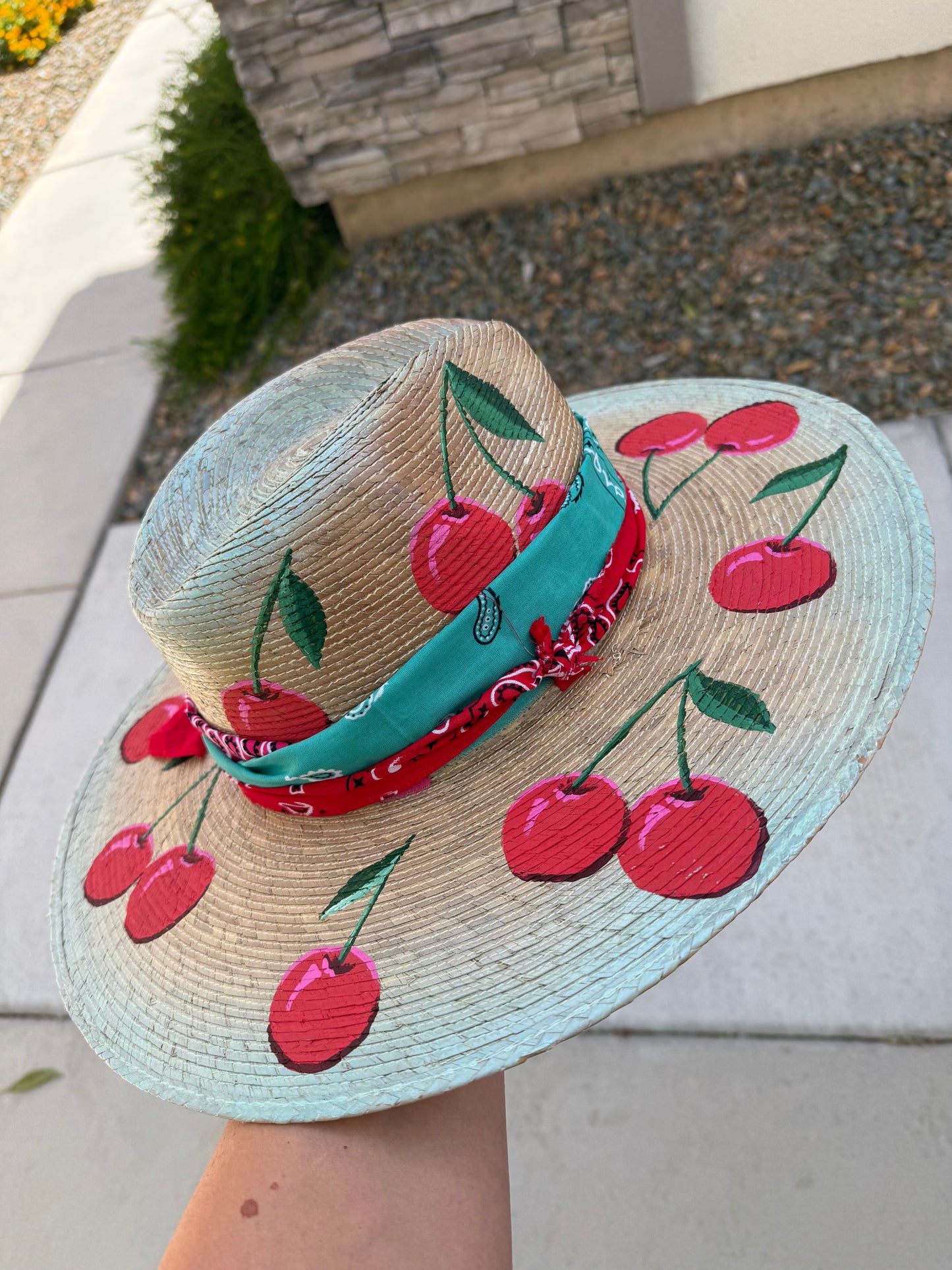 Cherry palm leaf beach straw wide brim rancher hat