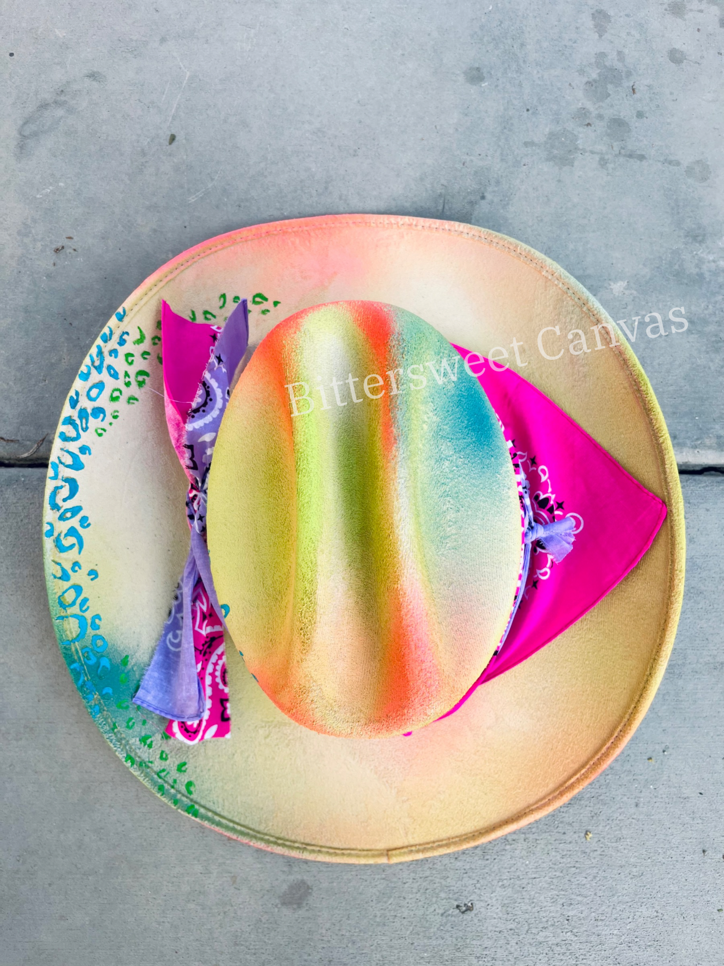 Neon leopard cowboy burned suede wide brim cowboy hat