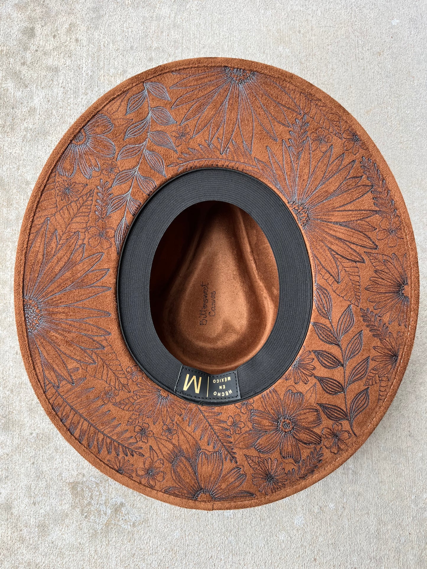 Dark camel full floral burned suede wide brim rancher hat