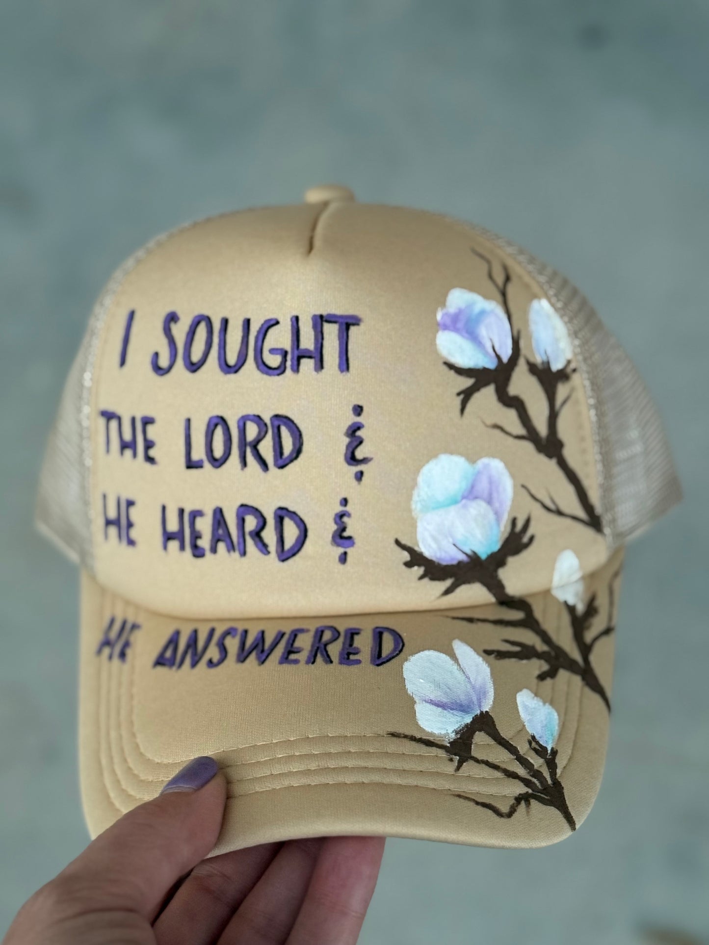 Beige I sought the lord trucker hat custom ball cap SnapBack