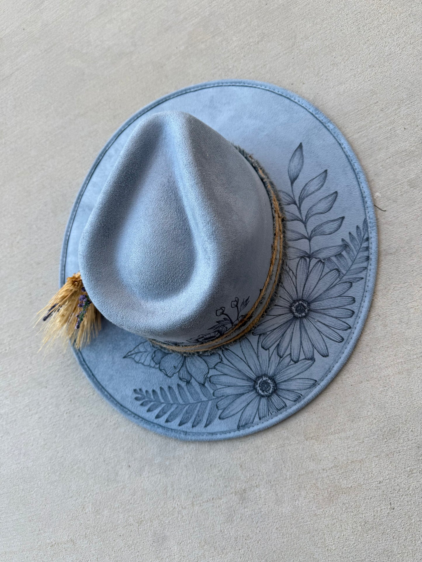 Light blue floral burned suede wide brim rancher hat