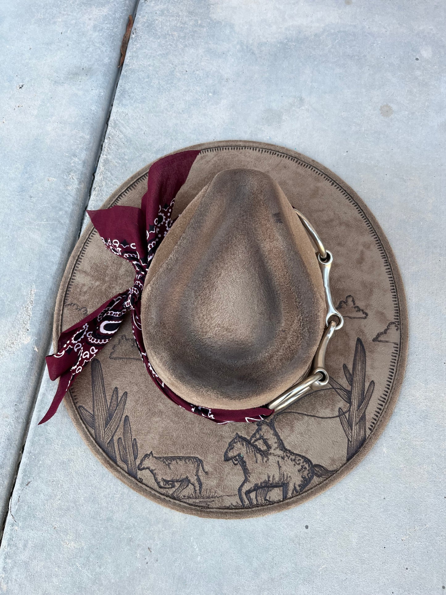 Horse bit cowboy khaki suede wide brim rancher hat