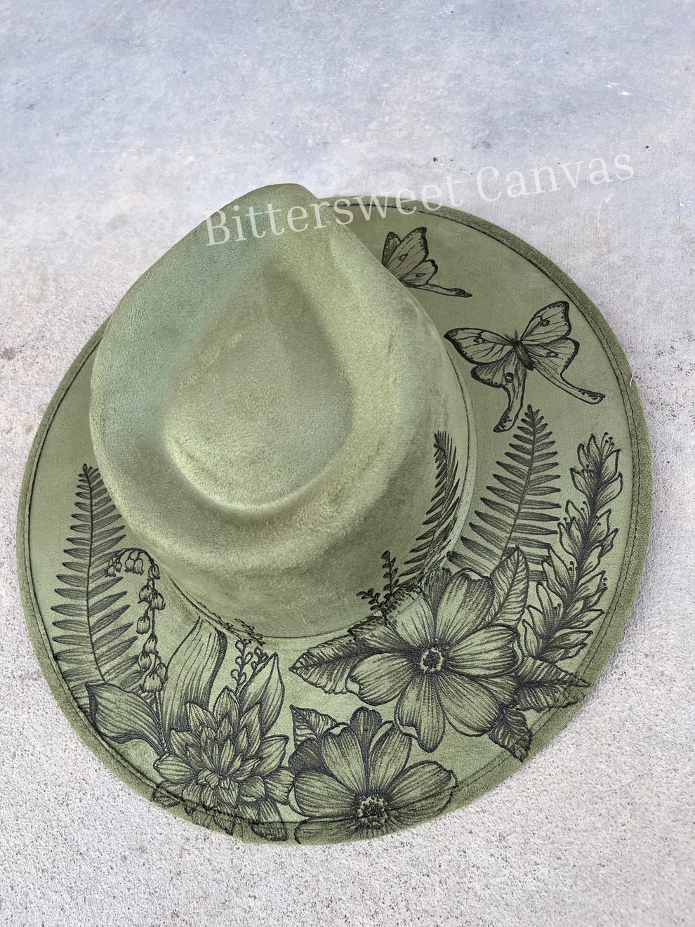 Light olive green fern moth floral suede wide brim rancher hat