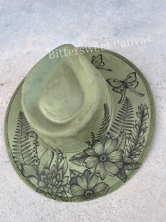 Light olive green fern moth floral suede wide brim rancher hat
