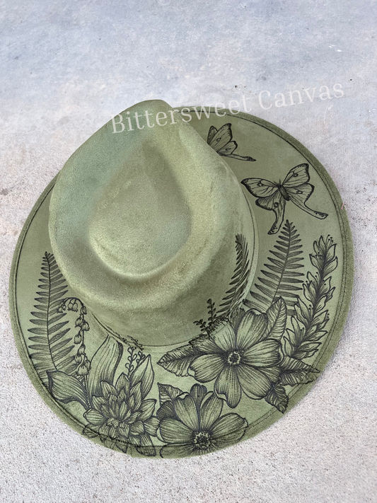 Sage green fern moth floral fabric lined suede wide brim rancher hat