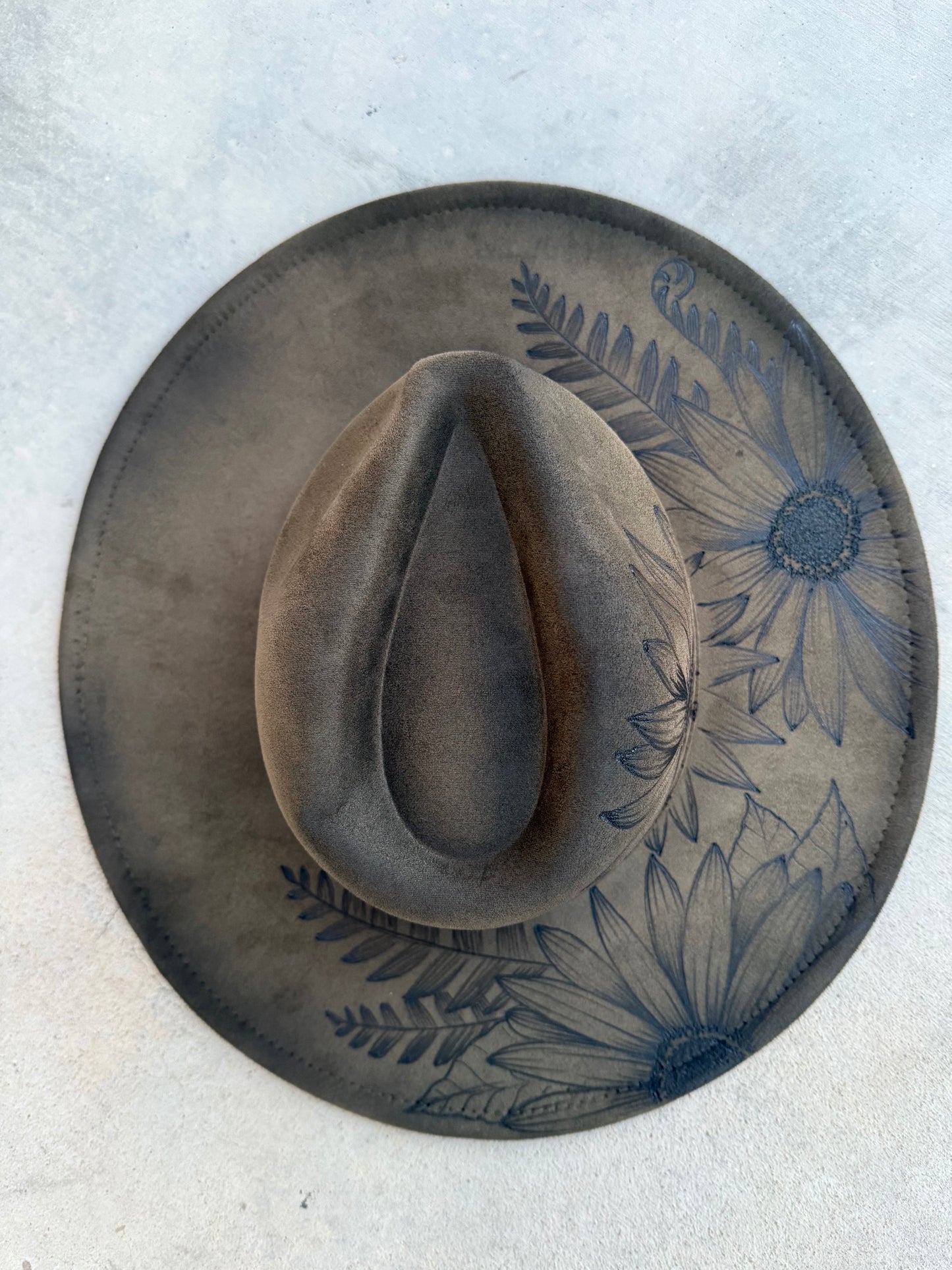 Olive green burned floral suede wide brim rancher hat
