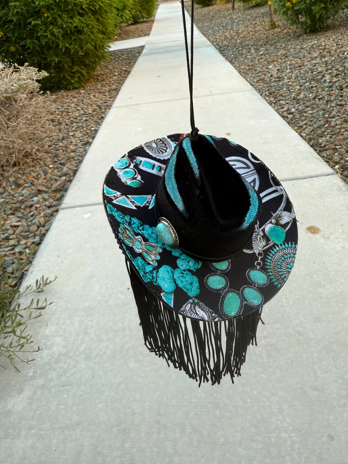 Black turquoise fringe hat rearview mirror charm