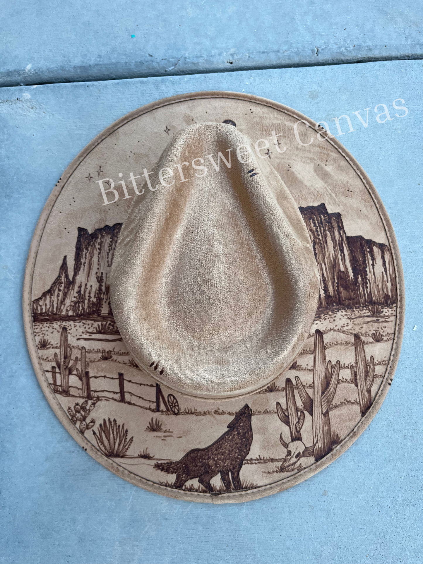 Superstition mountains Arizona wolf tan burned suede wide brim rancher hat