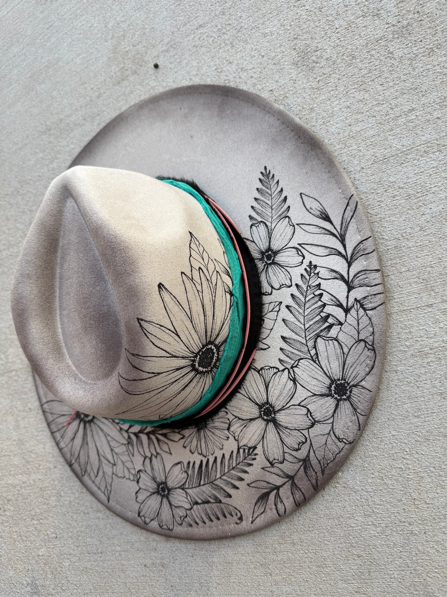 Ivory floral black suede wide brim rancher hat