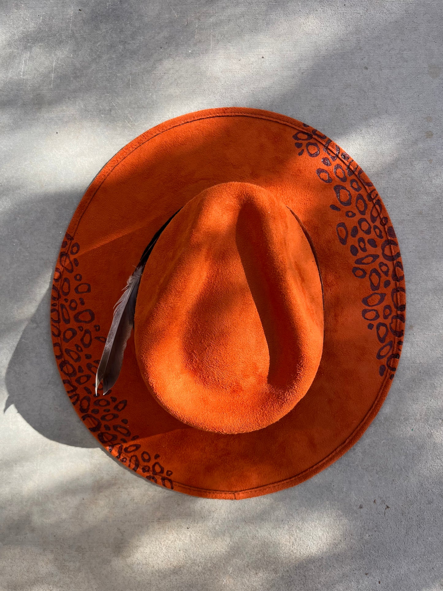 Orange leopard cheetah burned accessorized suede wide brim rancher hat