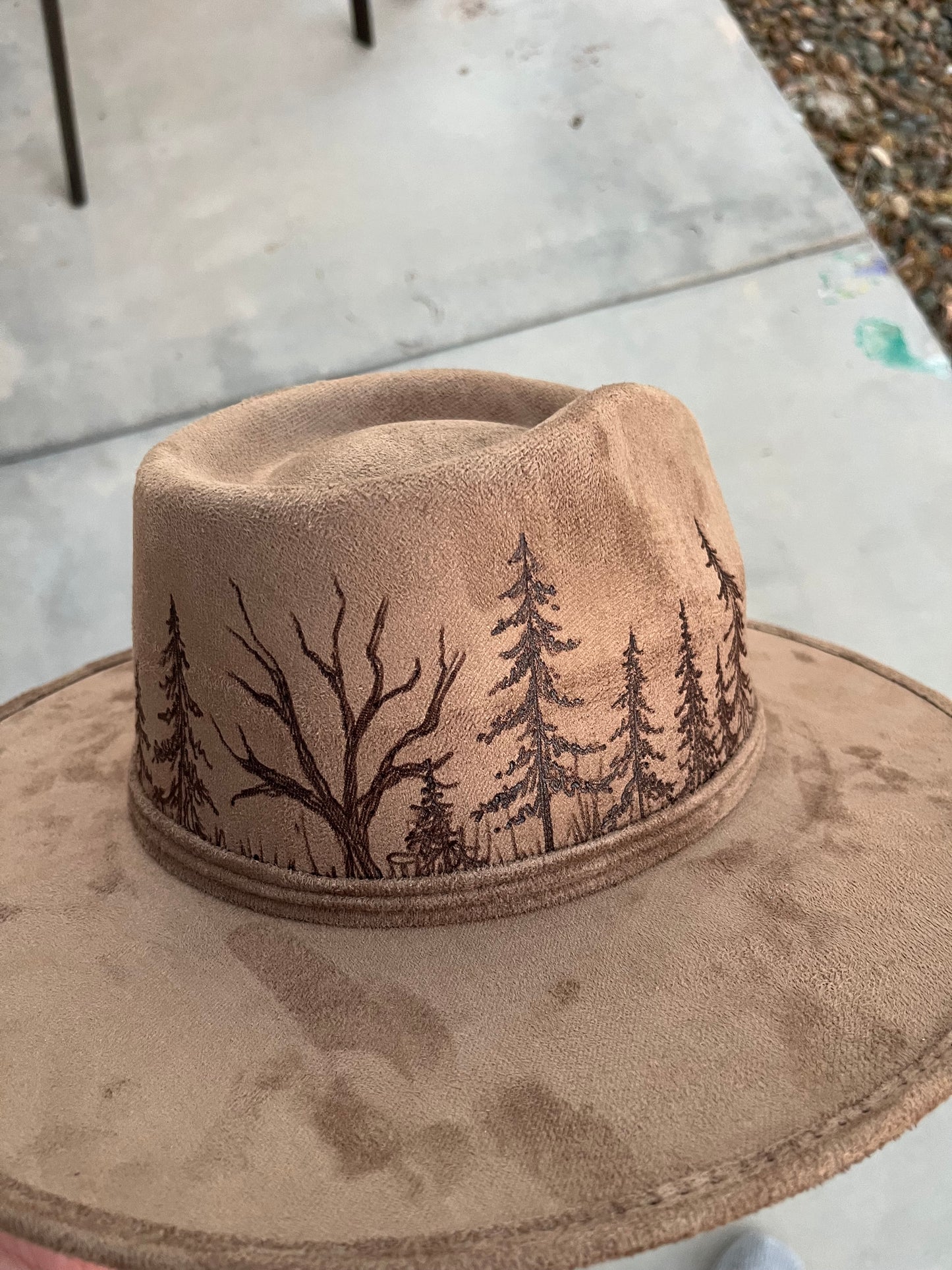 Light brown tree suede wide brim rancher hat