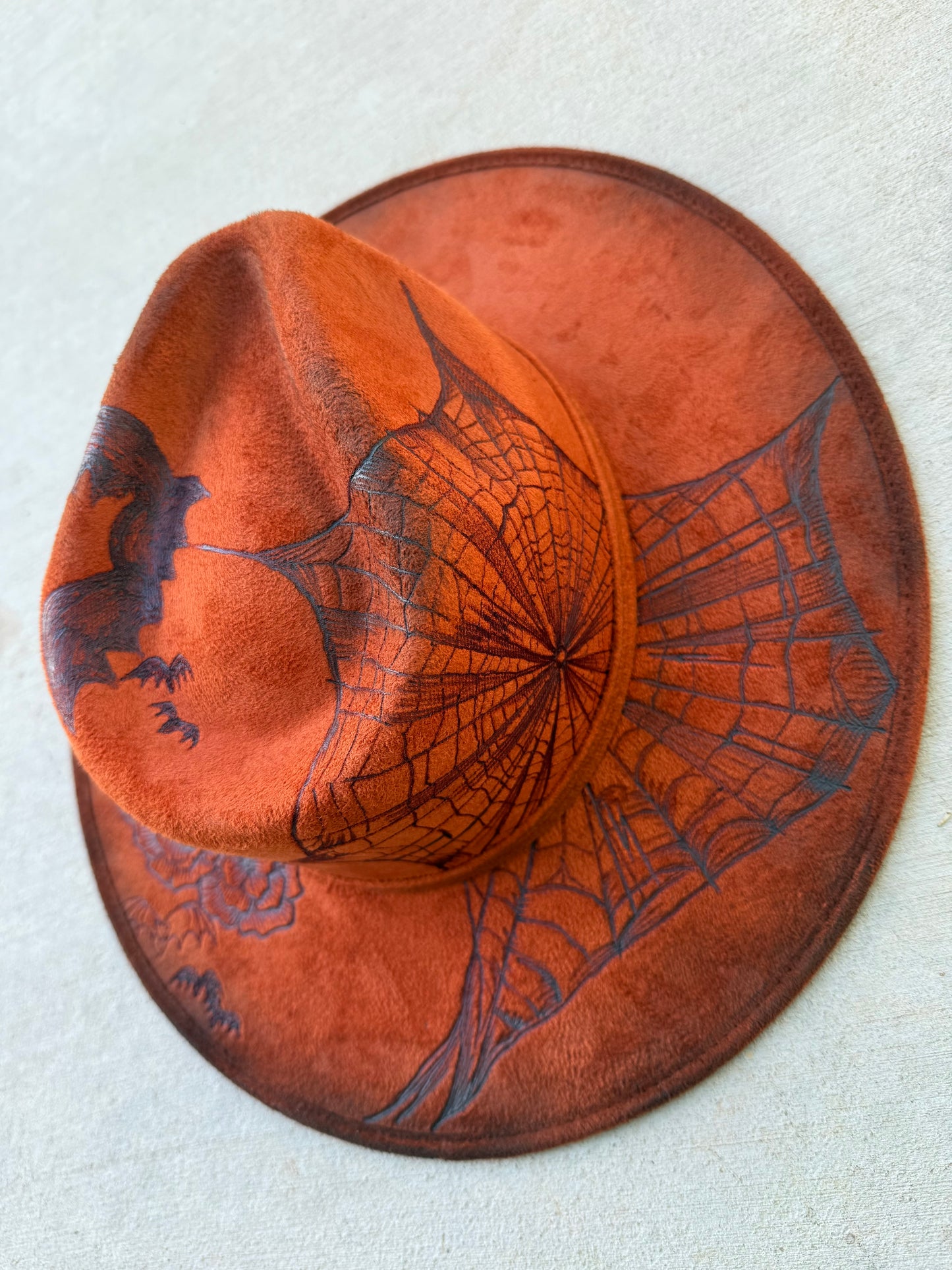 Orange spooky bats witchy floral suede wide brim cowboy hat