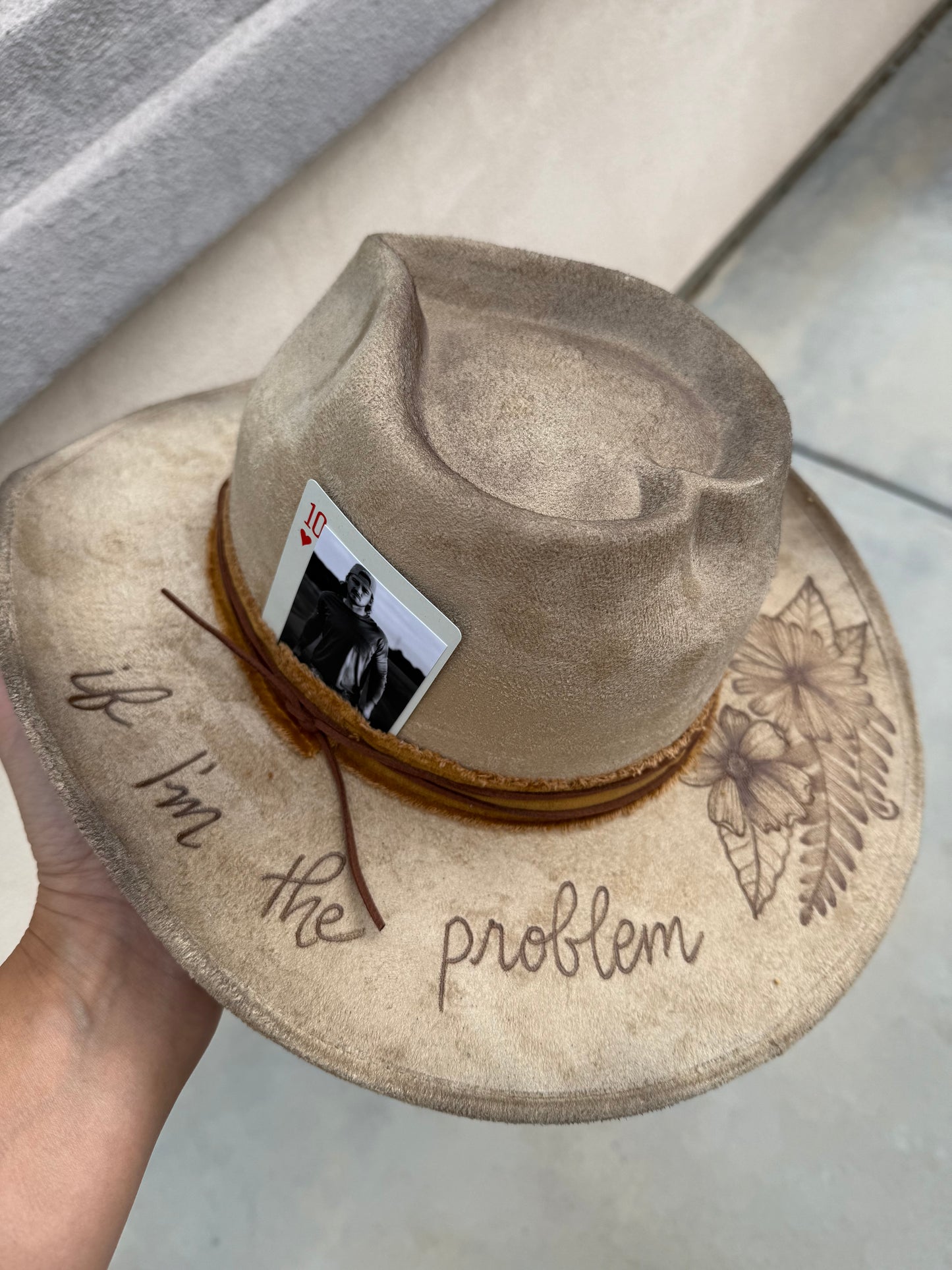 Im the problem tan heart crown suede wide brim rancher hat