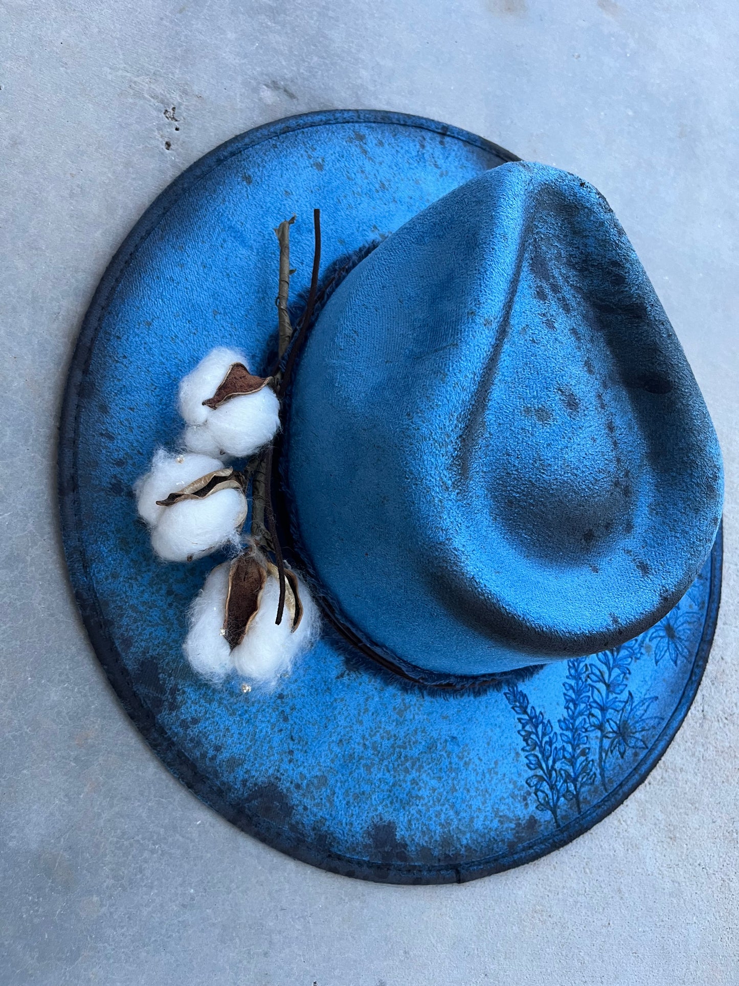 Blue distressed floral cotton burned suede wide brim rancher hat