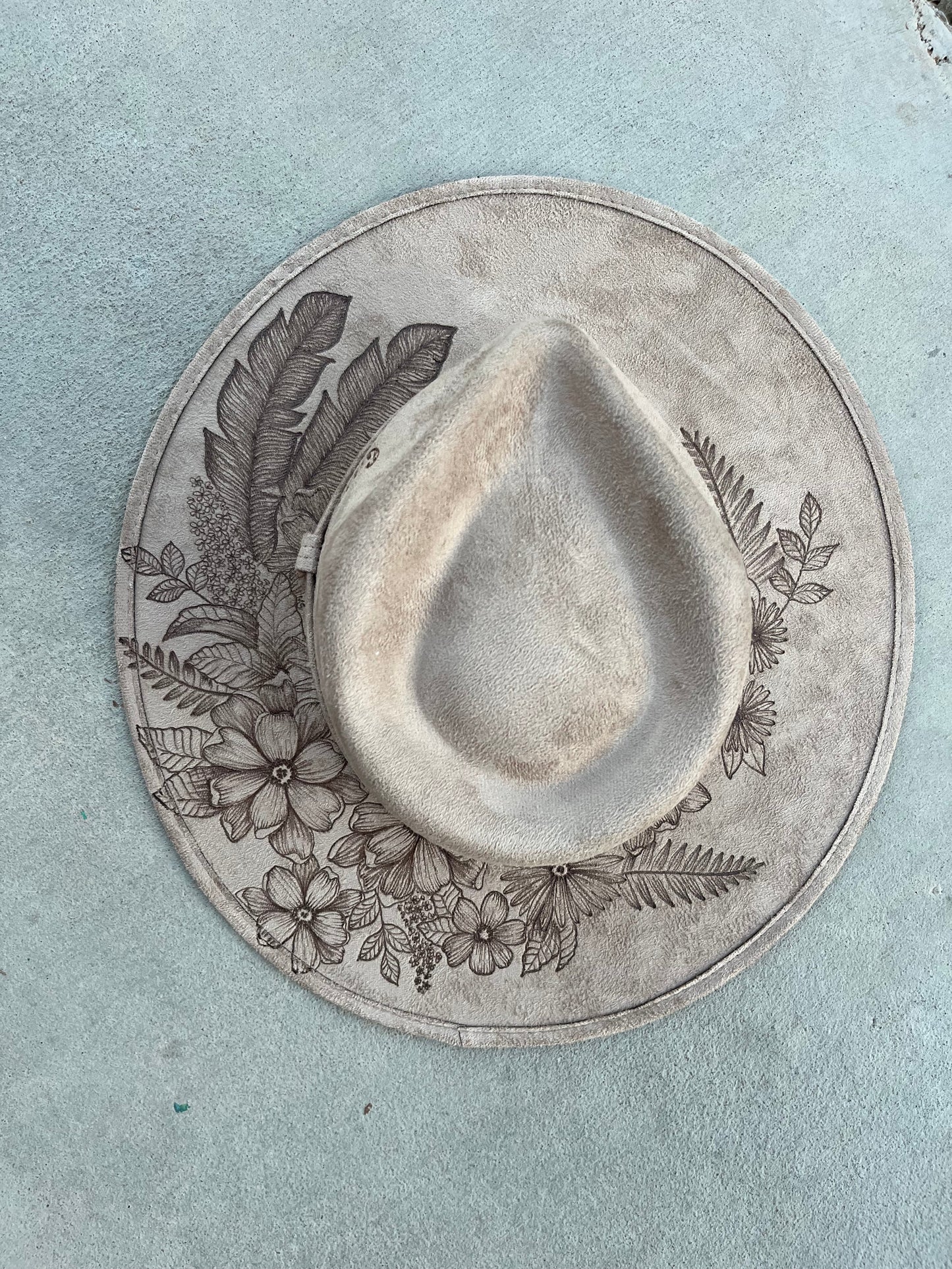 Taupe burned floral feather suede wide brim rancher hat
