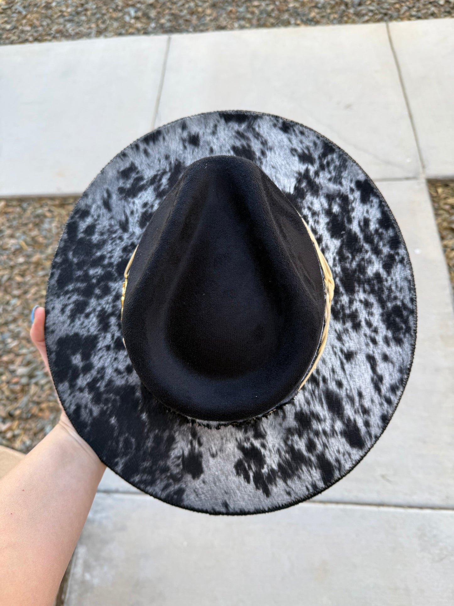 Black cowhide burned fabric lined felt wide brim rancher hat