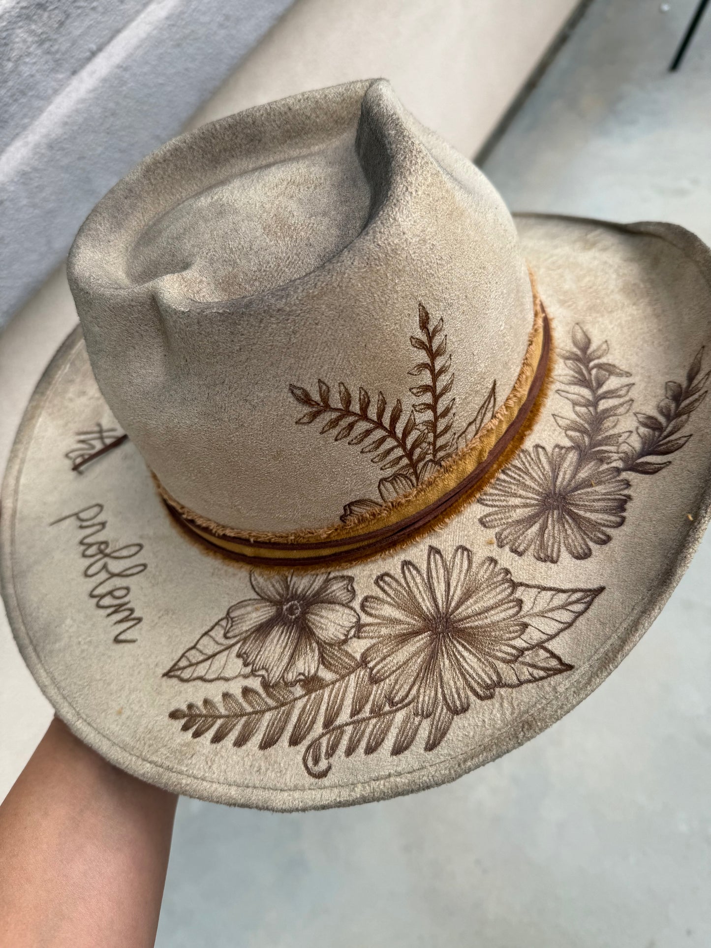 Im the problem tan heart crown suede wide brim rancher hat
