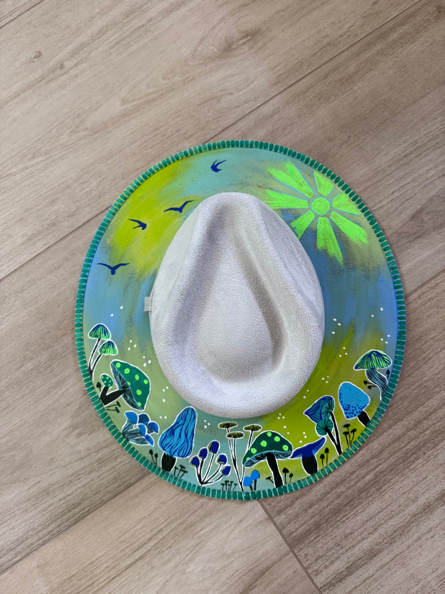 Colorful mushroom ivory suede wide brim rancher