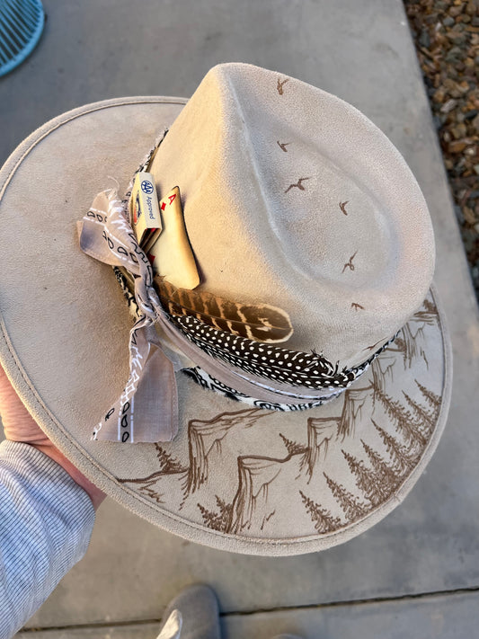 Mountain tree beige accessorized burned tan suede wide brim rancher hat