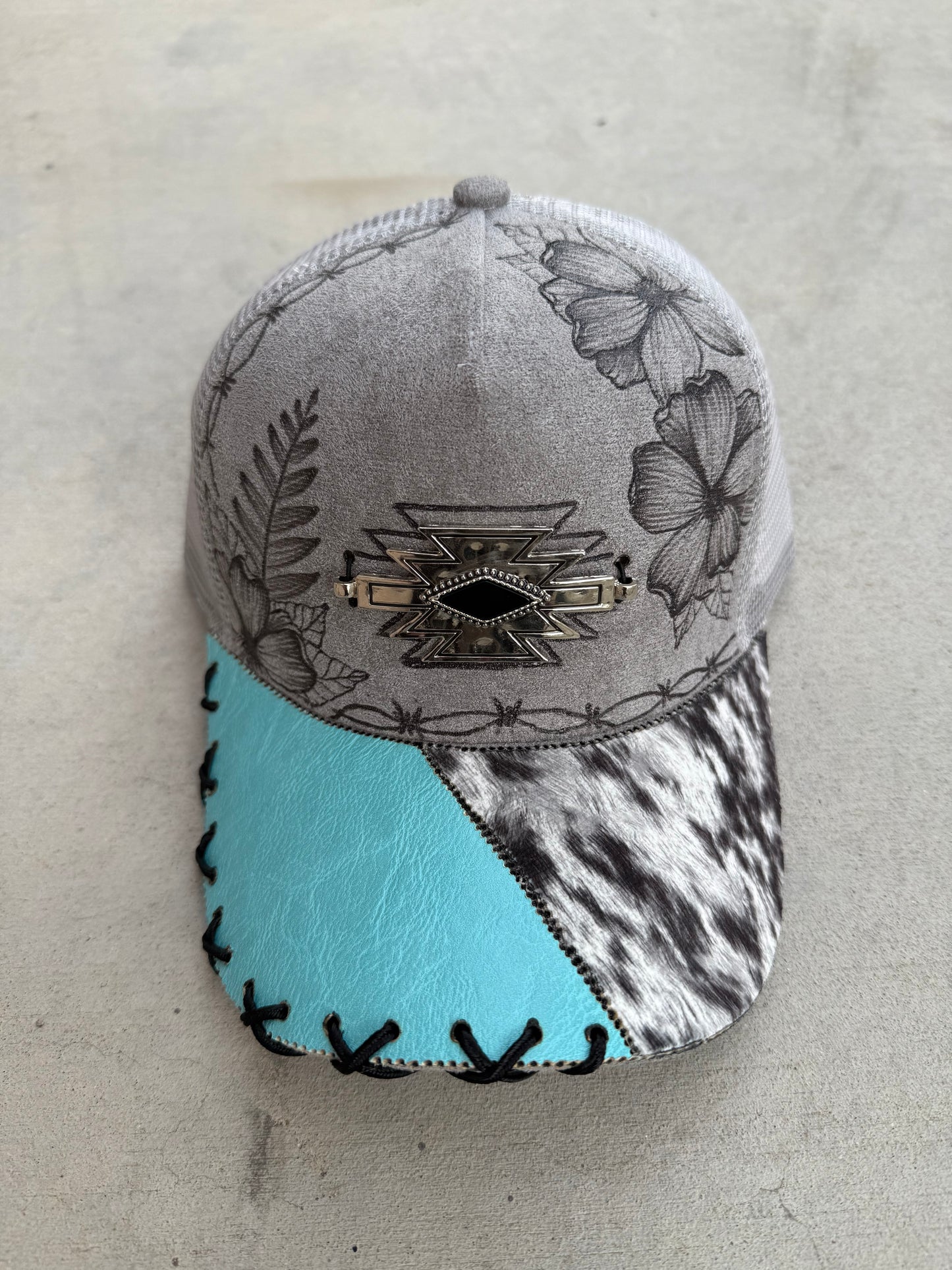 Gray floral cowhide burned trucker hat custom ball cap SnapBack
