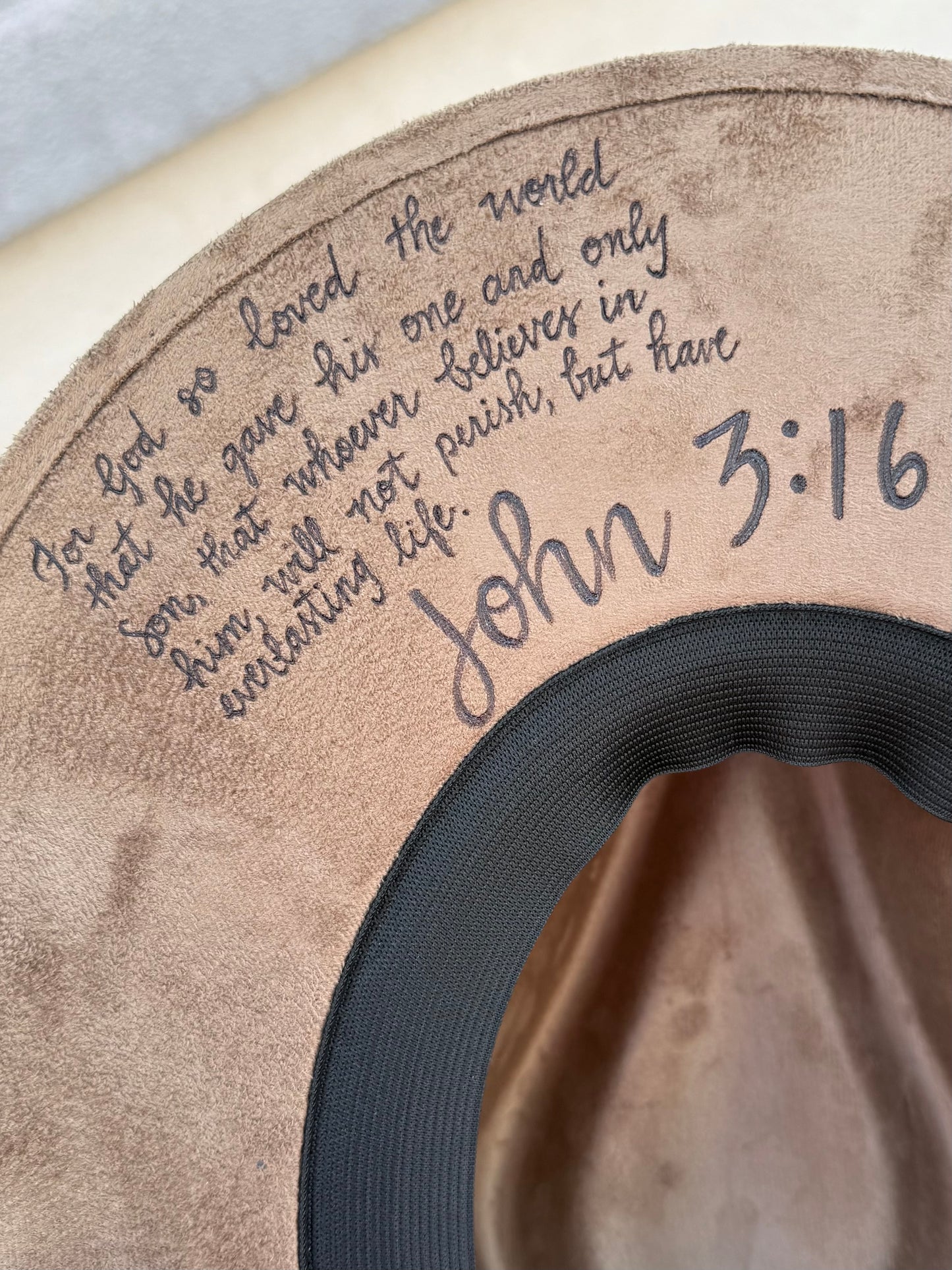 John 3:16 crown of thorns brown suede wide brim rancher hat