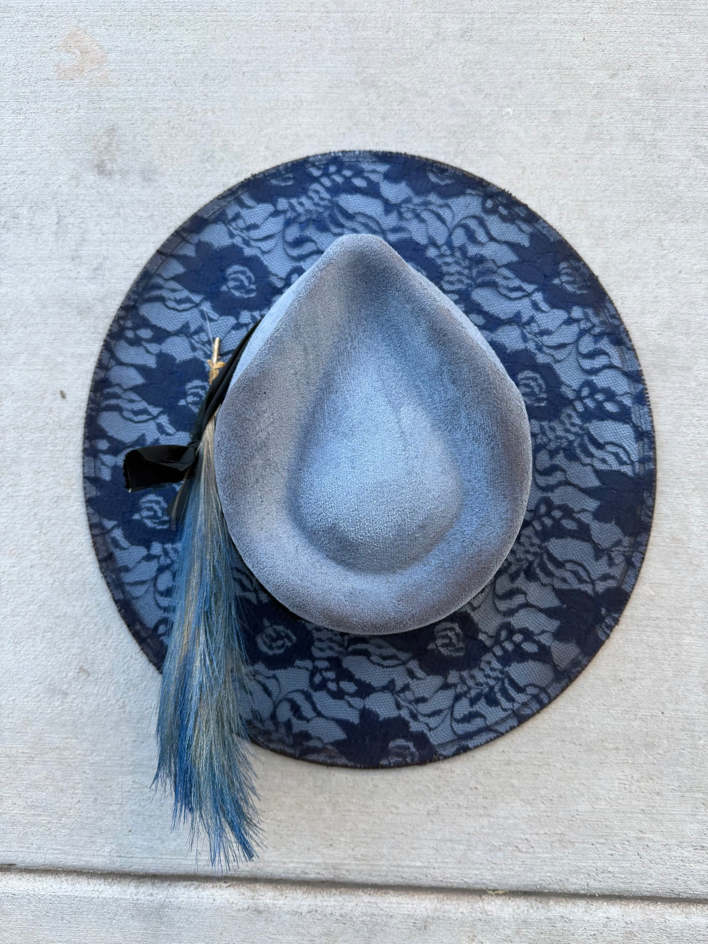 Blue lace overlay suede wide brim rancher hat