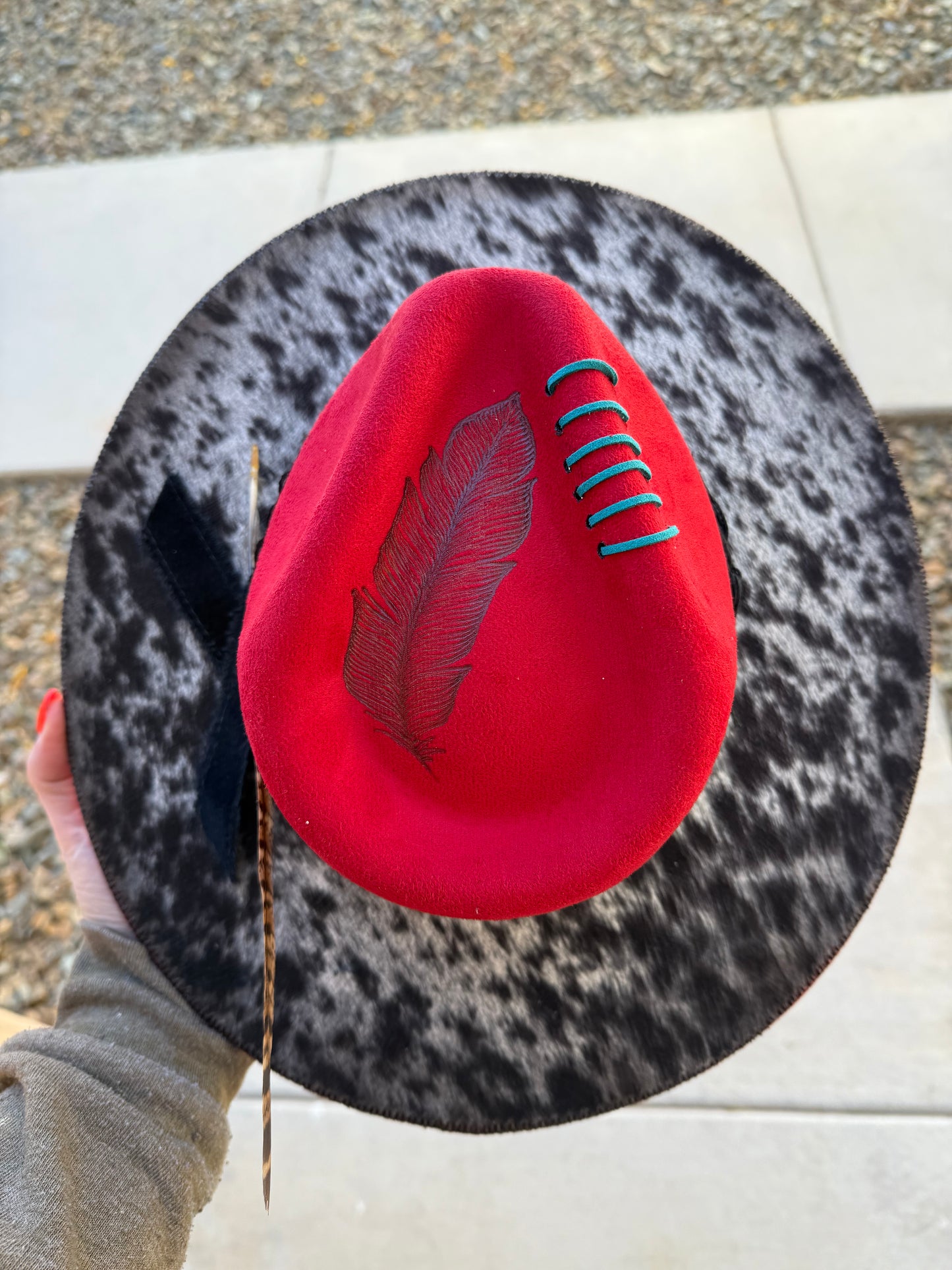 Red cowhide burned fabric lined felt wide brim rancher hat