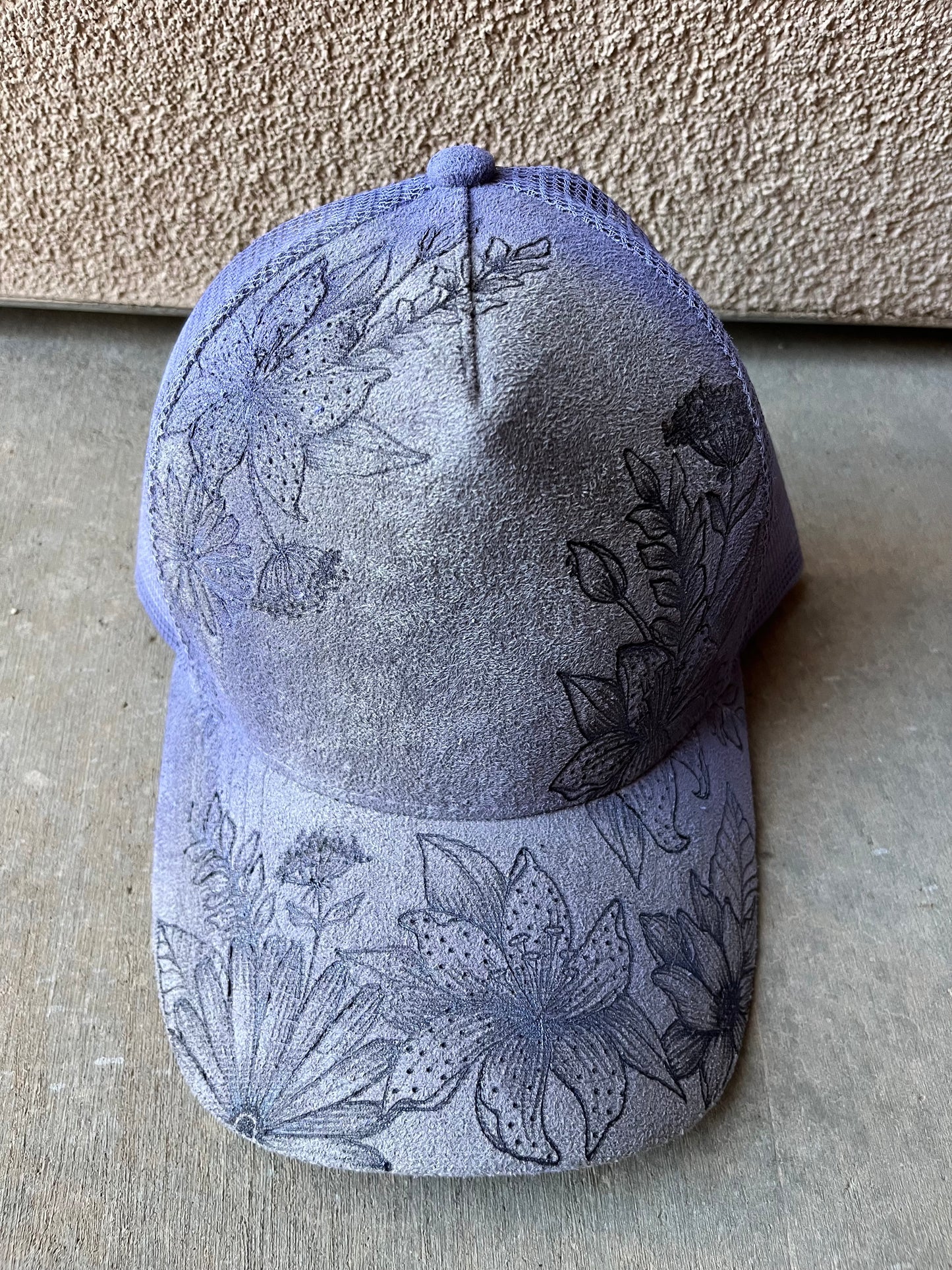 Lavender haze floral fern burned trucker hat custom ball cap SnapBack