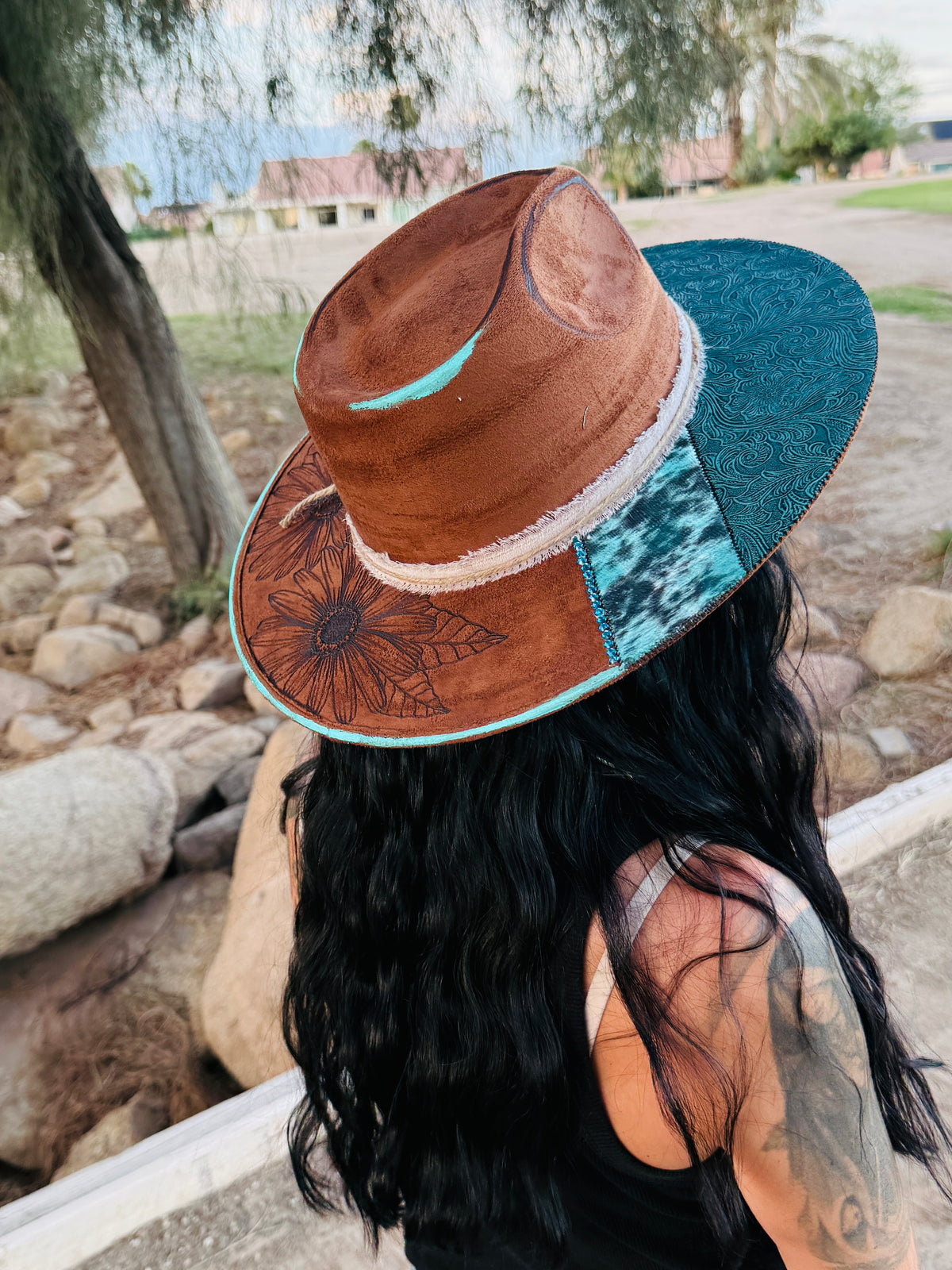 Tobacco turquoise tooled leather cowhide rhinestone burned suede wide brim rancher hat