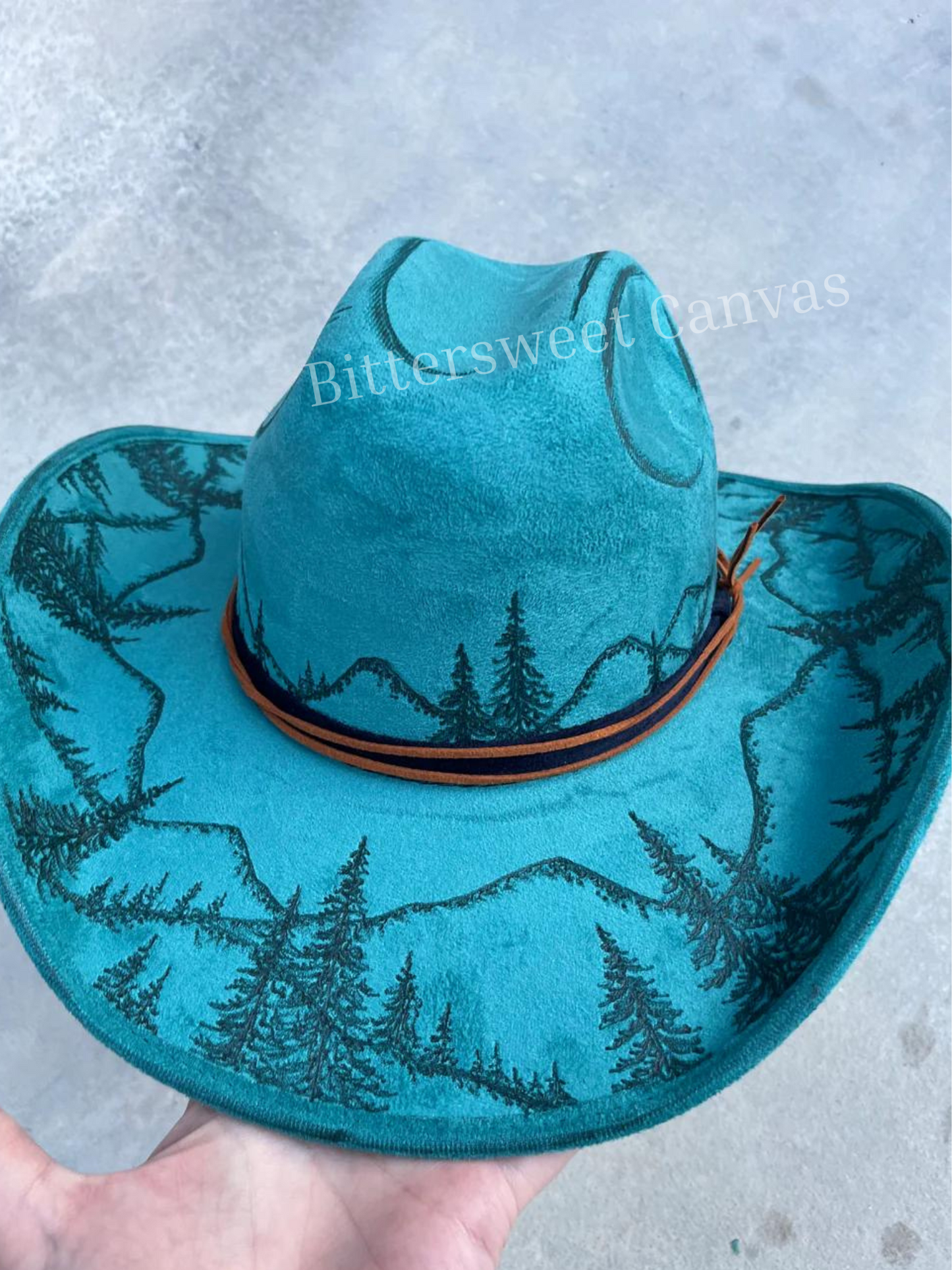 Teal mountain burned suede wide brim cowboy hat