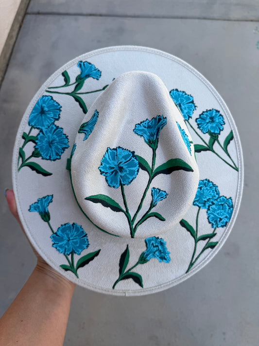 Blue carnation suede wide brim rancher hat