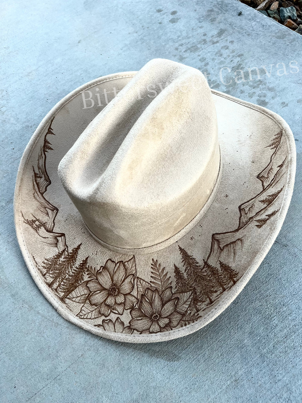 Beige mountain floral cowboy burned suede wide brim hat