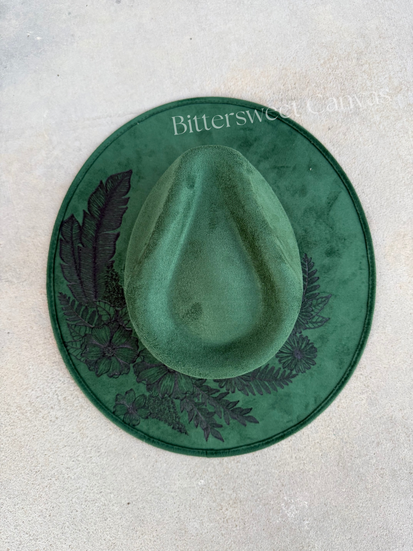Forest green burned floral feather suede wide brim rancher hat