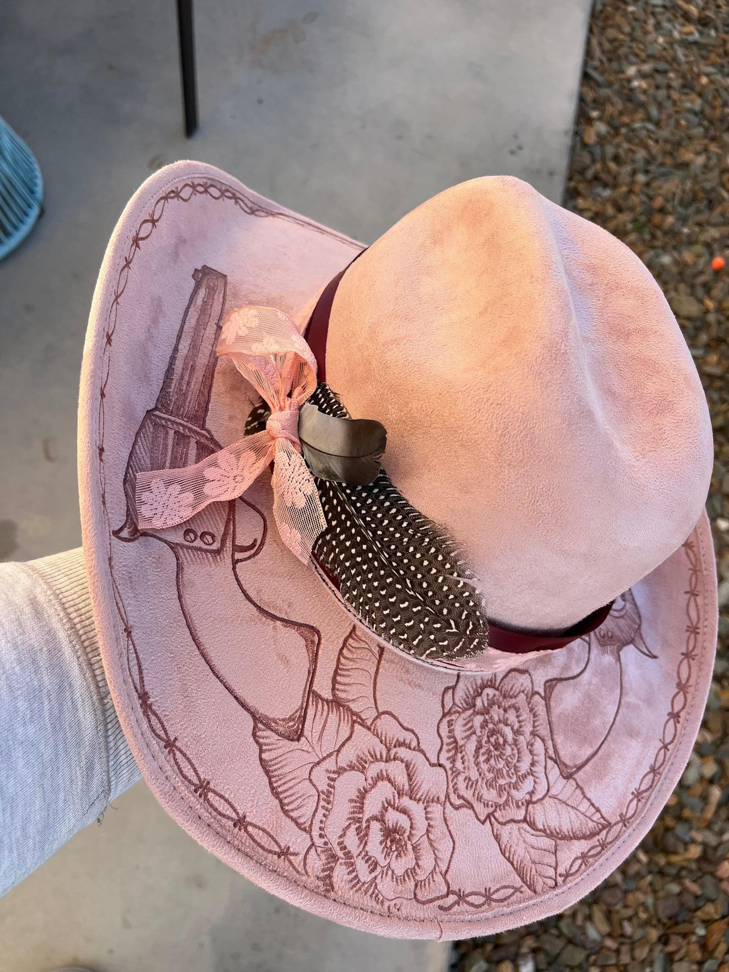Blush Pink revolver gun rose floral burned suede wide brim cowboy hat