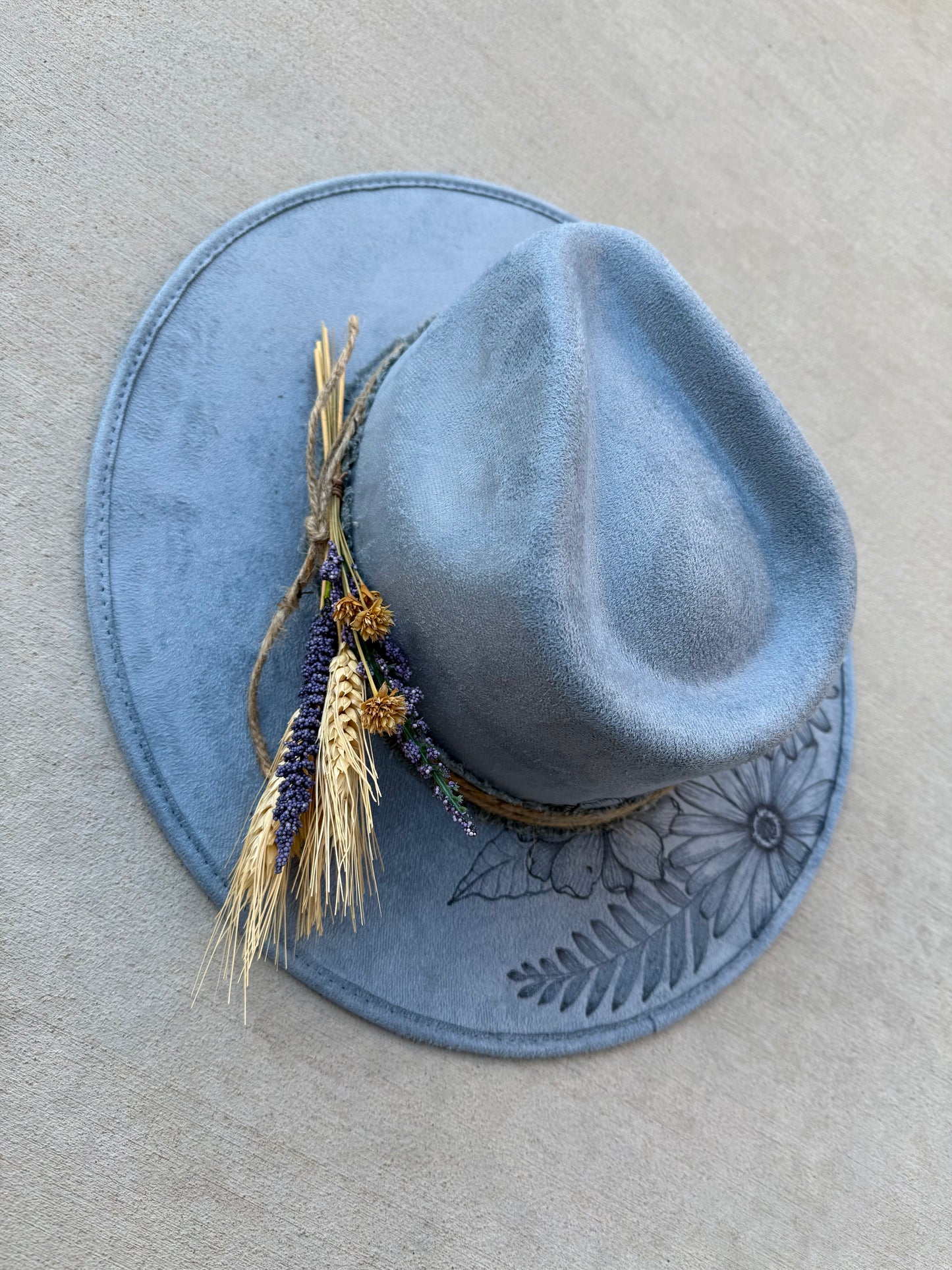 Light blue floral burned suede wide brim rancher hat