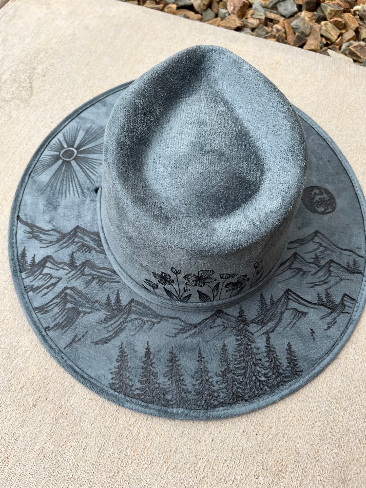 Mountain wildflower burned steel blue suede wide brim rancher hat
