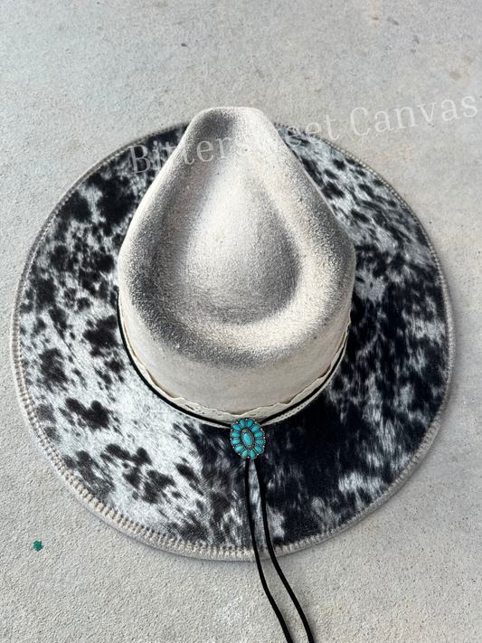 Ivory fabric lined cow hide floral suede wide brim rancher hat