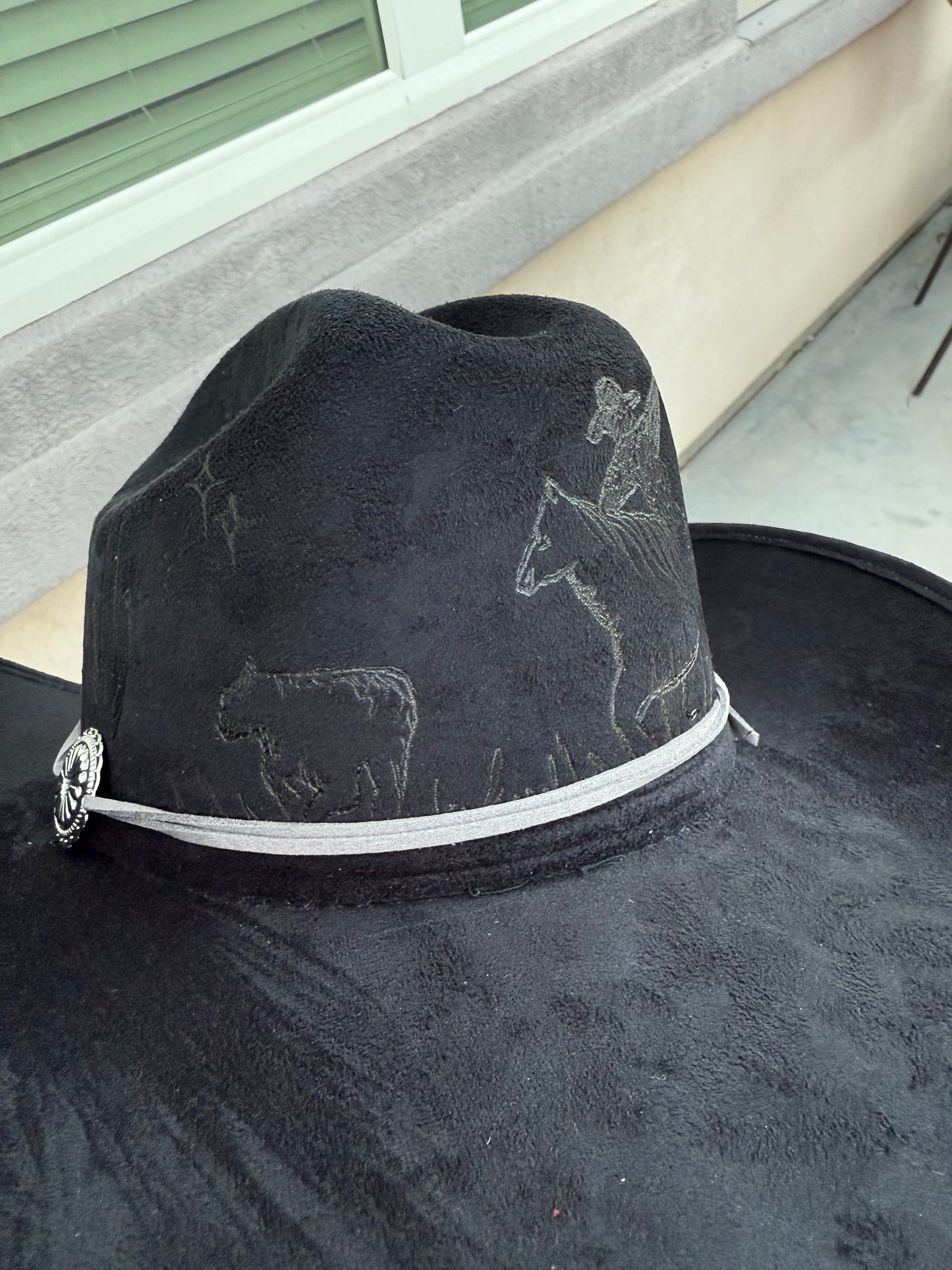 Black cow hide fabric lined burned suede wide brim cowboy hat