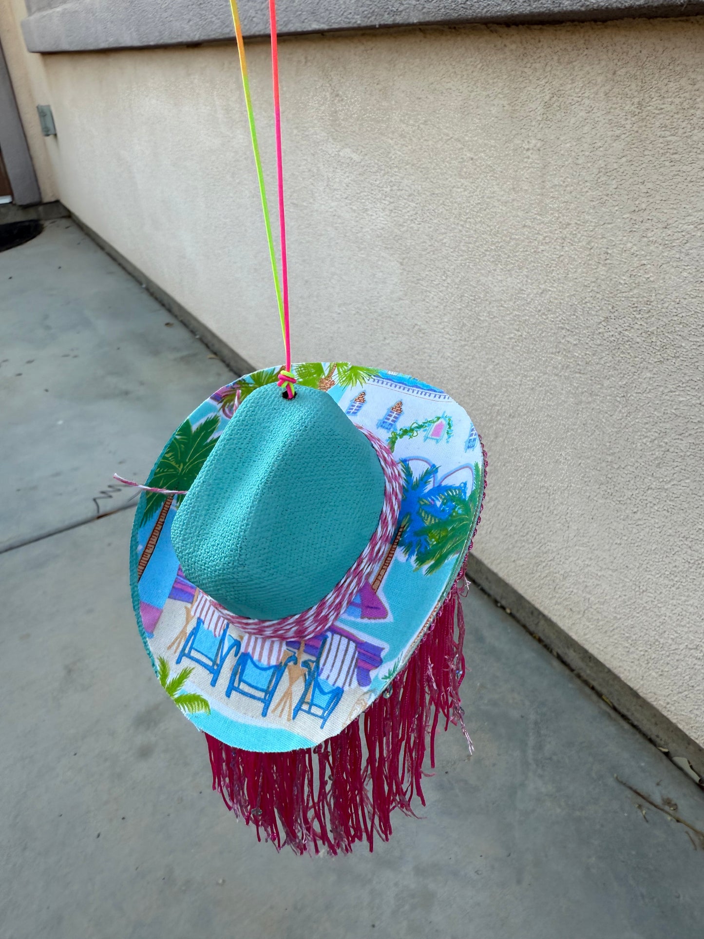 Blue tropical fringe cowboy hat rearview mirror charm