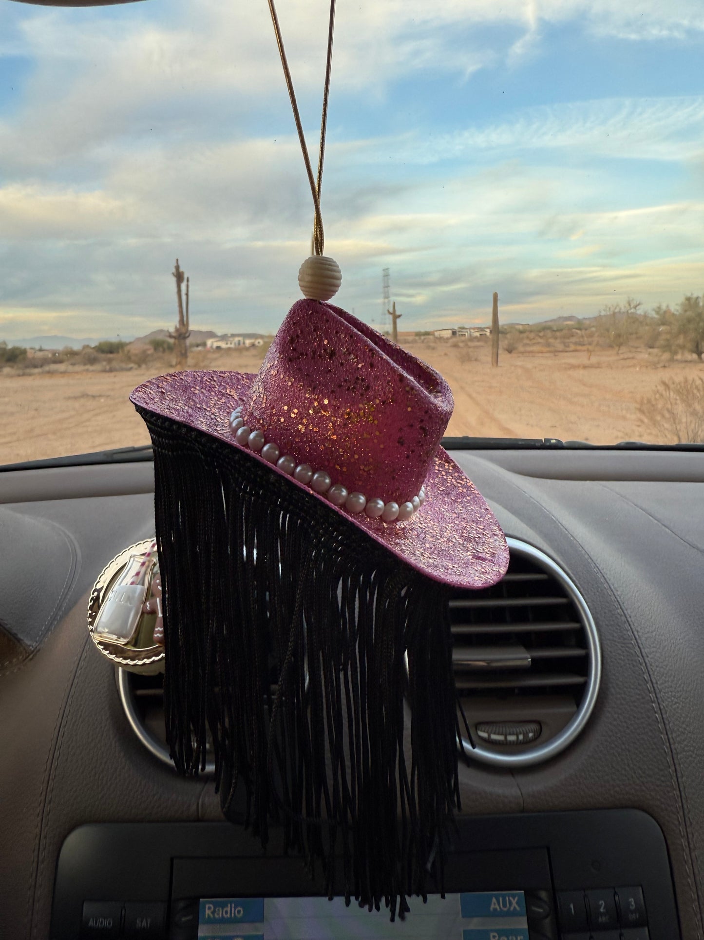 Pink glitter fringe hat rearview mirror charm