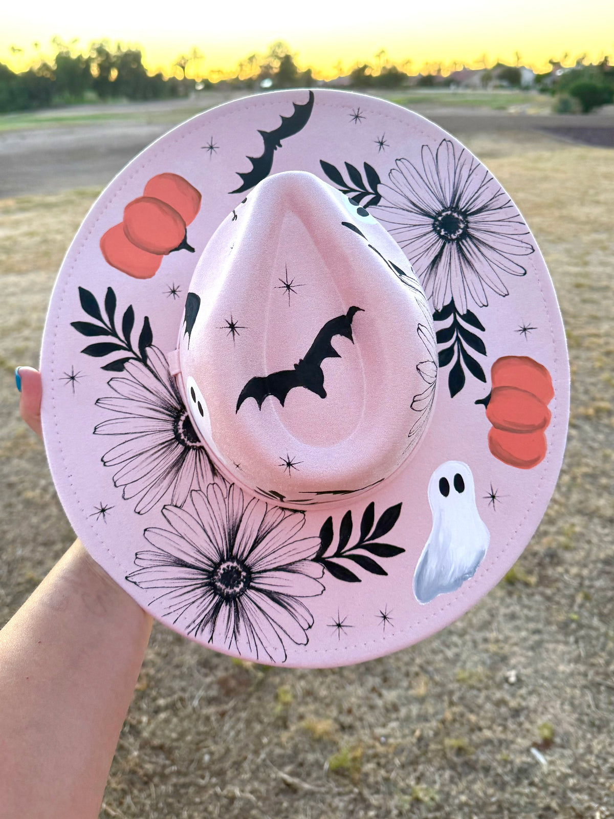 Pink ghost Halloween suede wide brim rancher hat