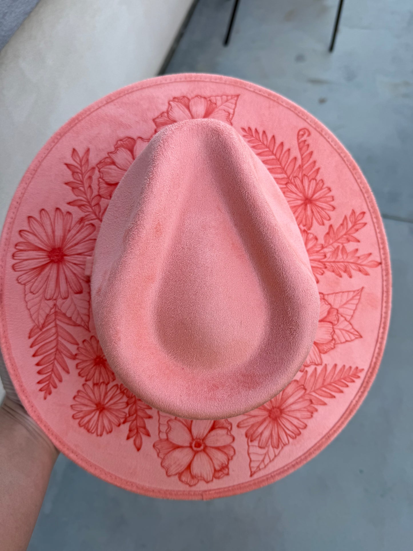 Coral floral suede wide brim rancher hat
