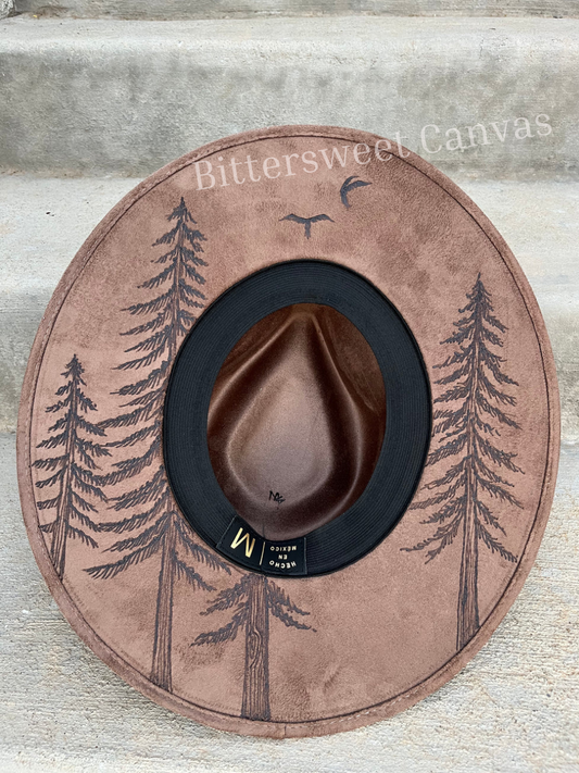 Mocha brown tree forest burned suede wide brim rancher hat