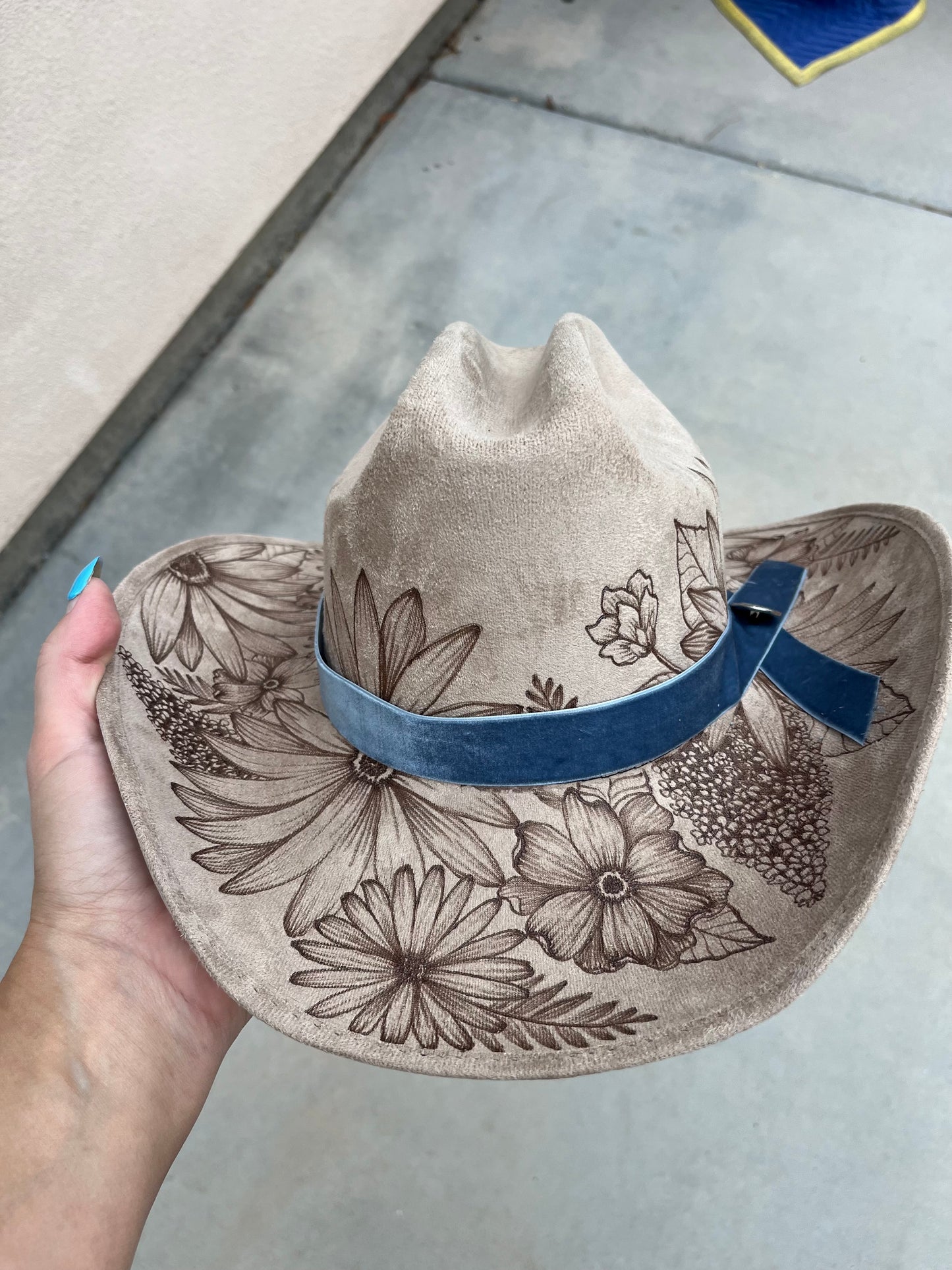 Taupe floral burned suede wide brim cowboy hat