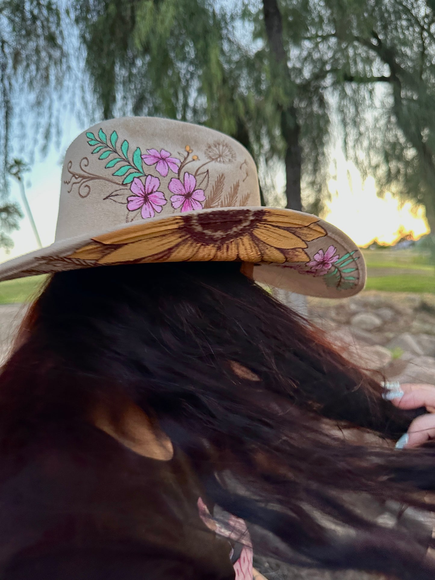 Tan colorful floral burned suede wide brim cowboy hat